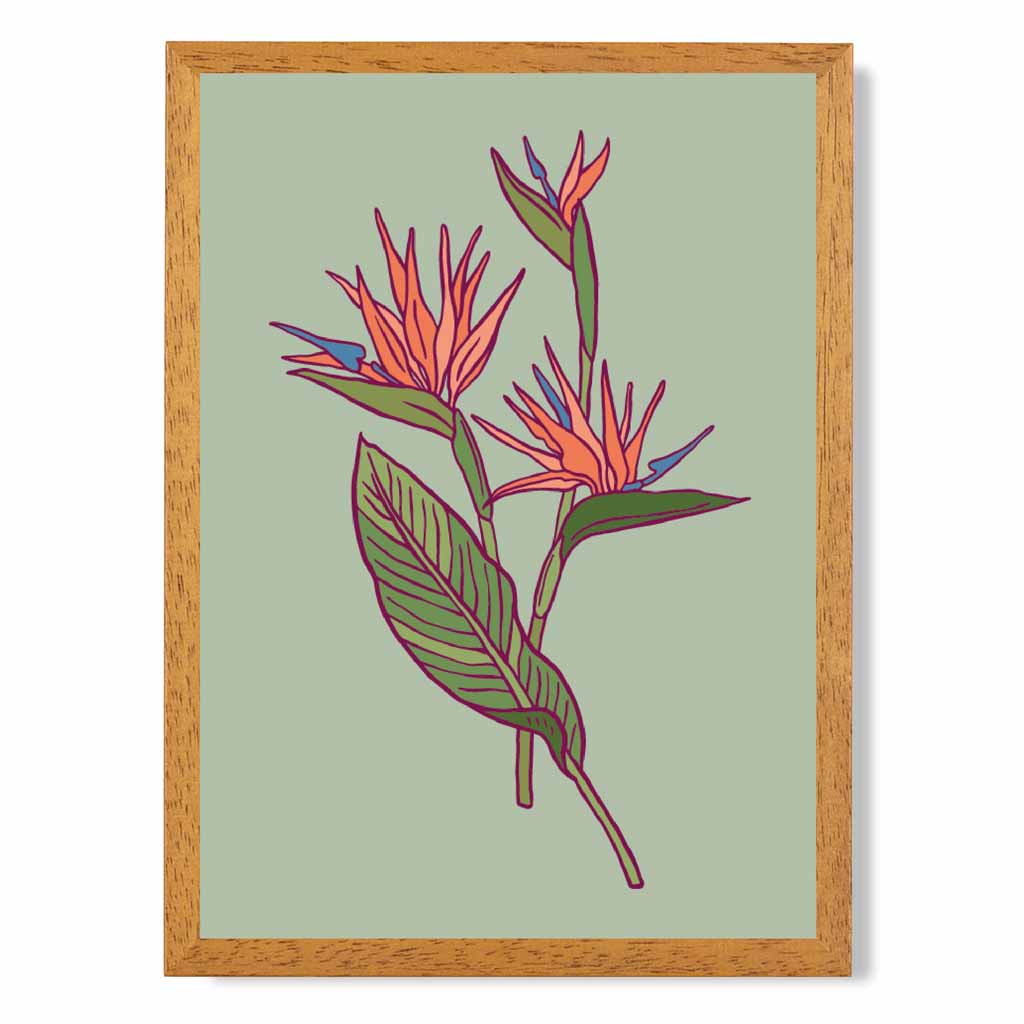 Vintage Floral Green, Orange Paradise Flower Art Print | Wall Art Plaza UK