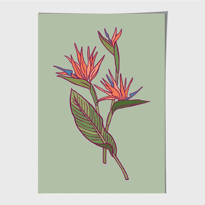 Vintage Floral Green, Orange Paradise Flower Art Print | Wall Art Plaza UK