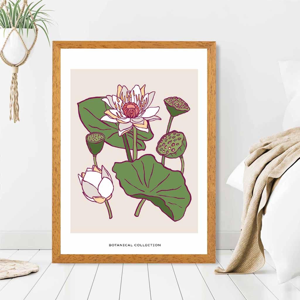 Vintage Floral Beige, Green Water Lily Art Print | Wall Art Plaza UK