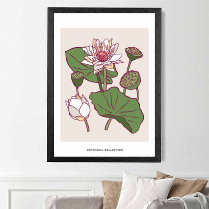 Vintage Floral Beige, Green Water Lily Art Print | Wall Art Plaza UK