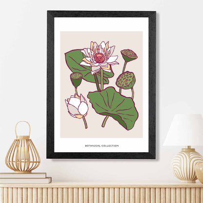 Vintage Floral Beige, Green Water Lily Art Print | Wall Art Plaza UK