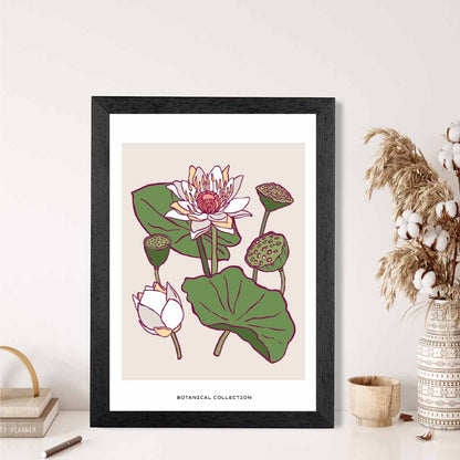 Vintage Floral Beige, Green Water Lily Art Print | Wall Art Plaza UK