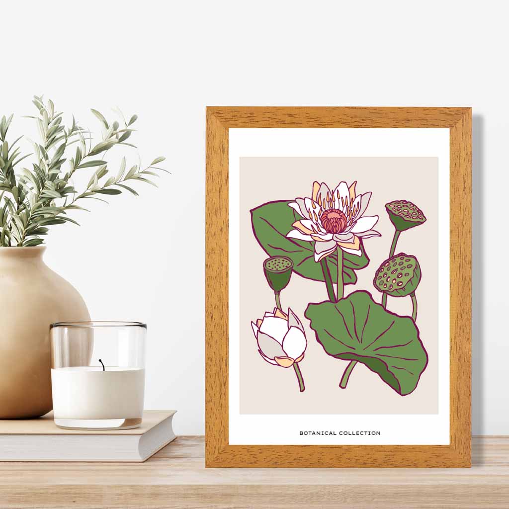 Vintage Floral Beige, Green Water Lily Art Print | Wall Art Plaza UK