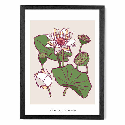 Vintage Floral Beige, Green Water Lily Art Print | Wall Art Plaza UK