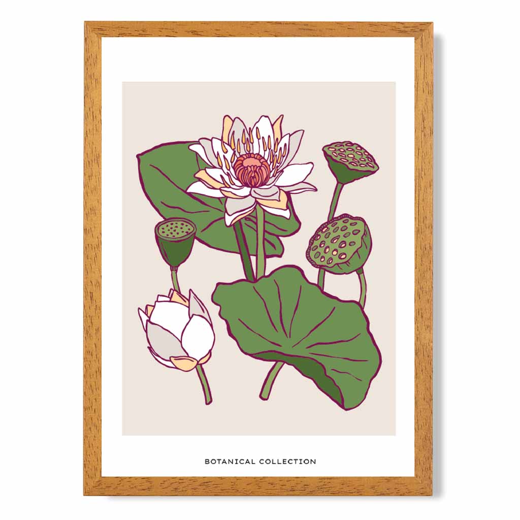 Vintage Floral Beige, Green Water Lily Art Print | Wall Art Plaza UK