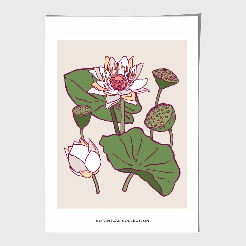 Vintage Floral Beige, Green Water Lily Art Print | Wall Art Plaza UK