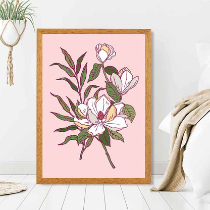 Vintage Floral Pink, Green Magnolia Art Print | Wall Art Plaza UK