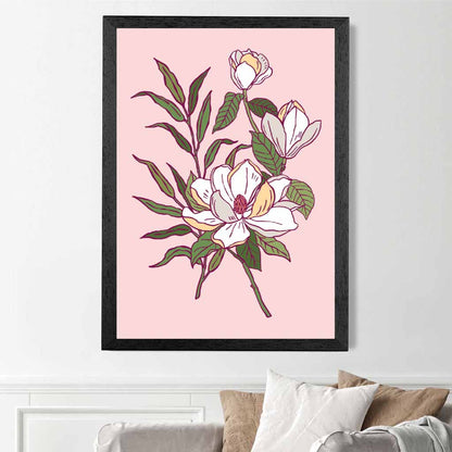 Vintage Floral Pink, Green Magnolia Art Print | Wall Art Plaza UK