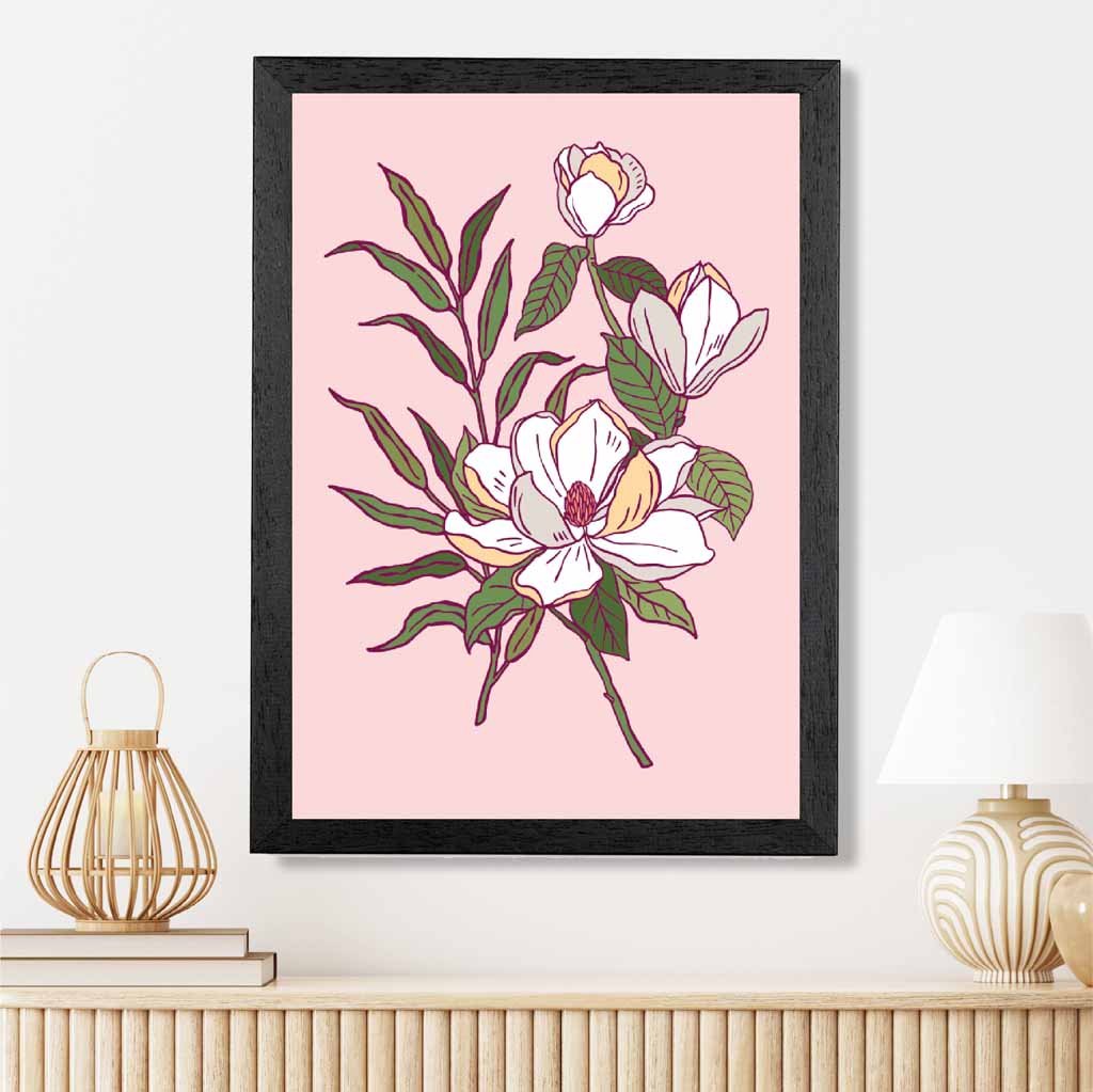 Vintage Floral Pink, Green Magnolia Art Print | Wall Art Plaza UK