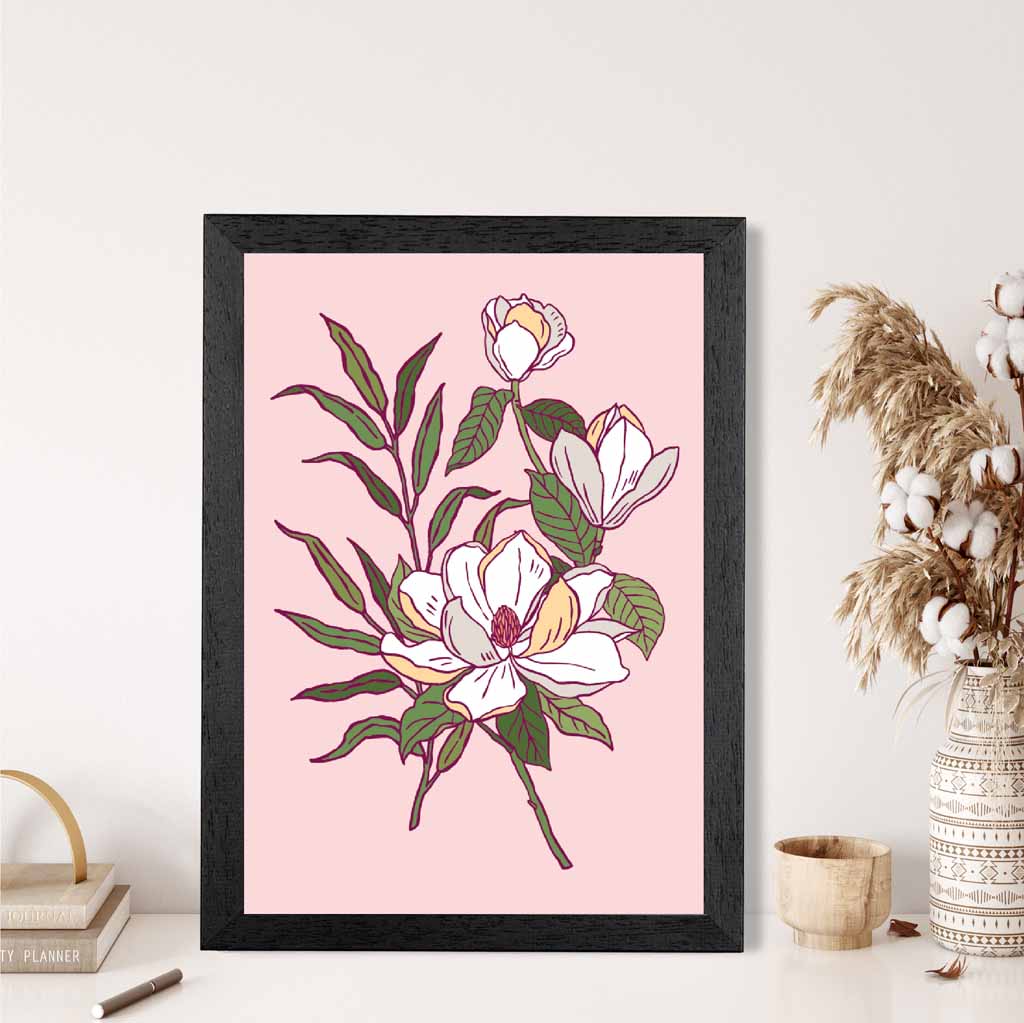 Vintage Floral Pink, Green Magnolia Art Print | Wall Art Plaza UK