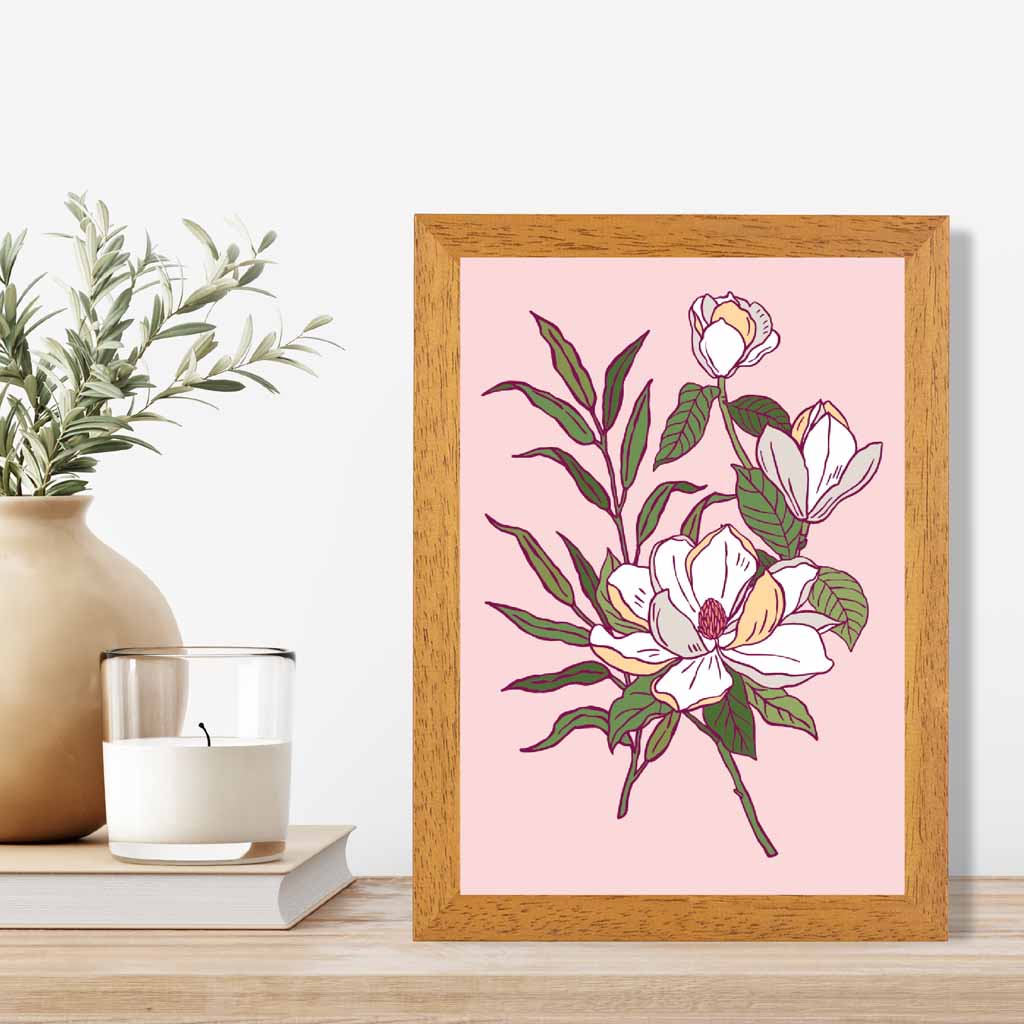 Vintage Floral Pink, Green Magnolia Art Print | Wall Art Plaza UK