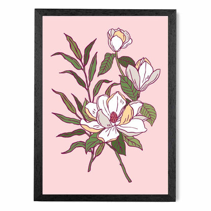 Vintage Floral Pink, Green Magnolia Art Print | Wall Art Plaza UK