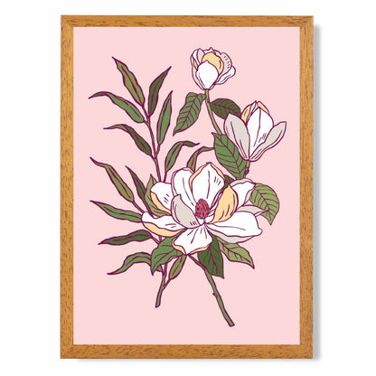 Vintage Floral Pink, Green Magnolia Art Print | Wall Art Plaza UK