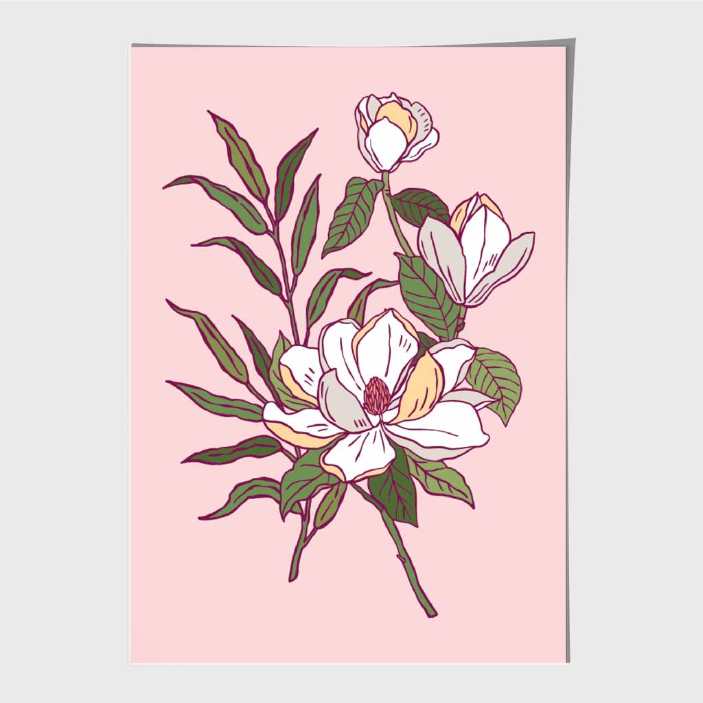 Vintage Floral Pink, Green Magnolia Art Print | Wall Art Plaza UK