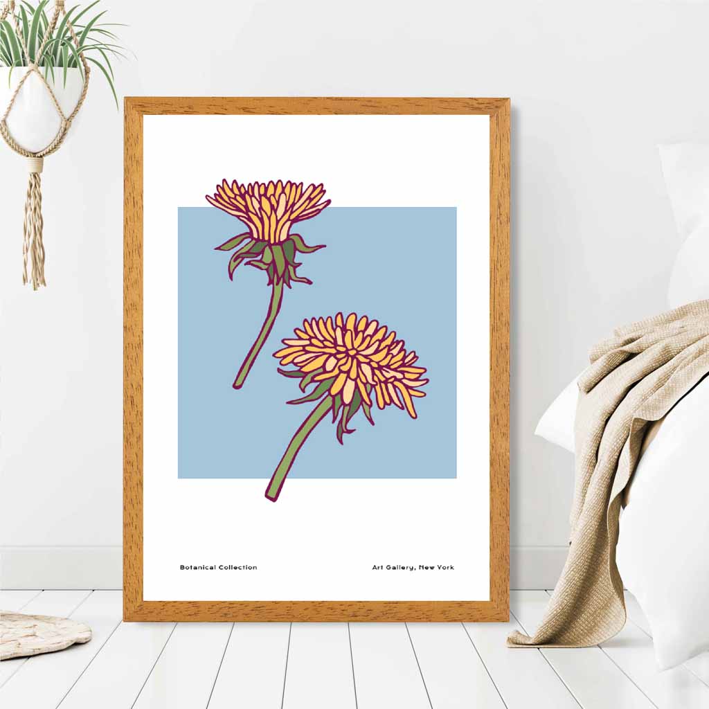 Modern Floral Blue, Yellow Dandelion Art Print | Wall Art Plaza UK