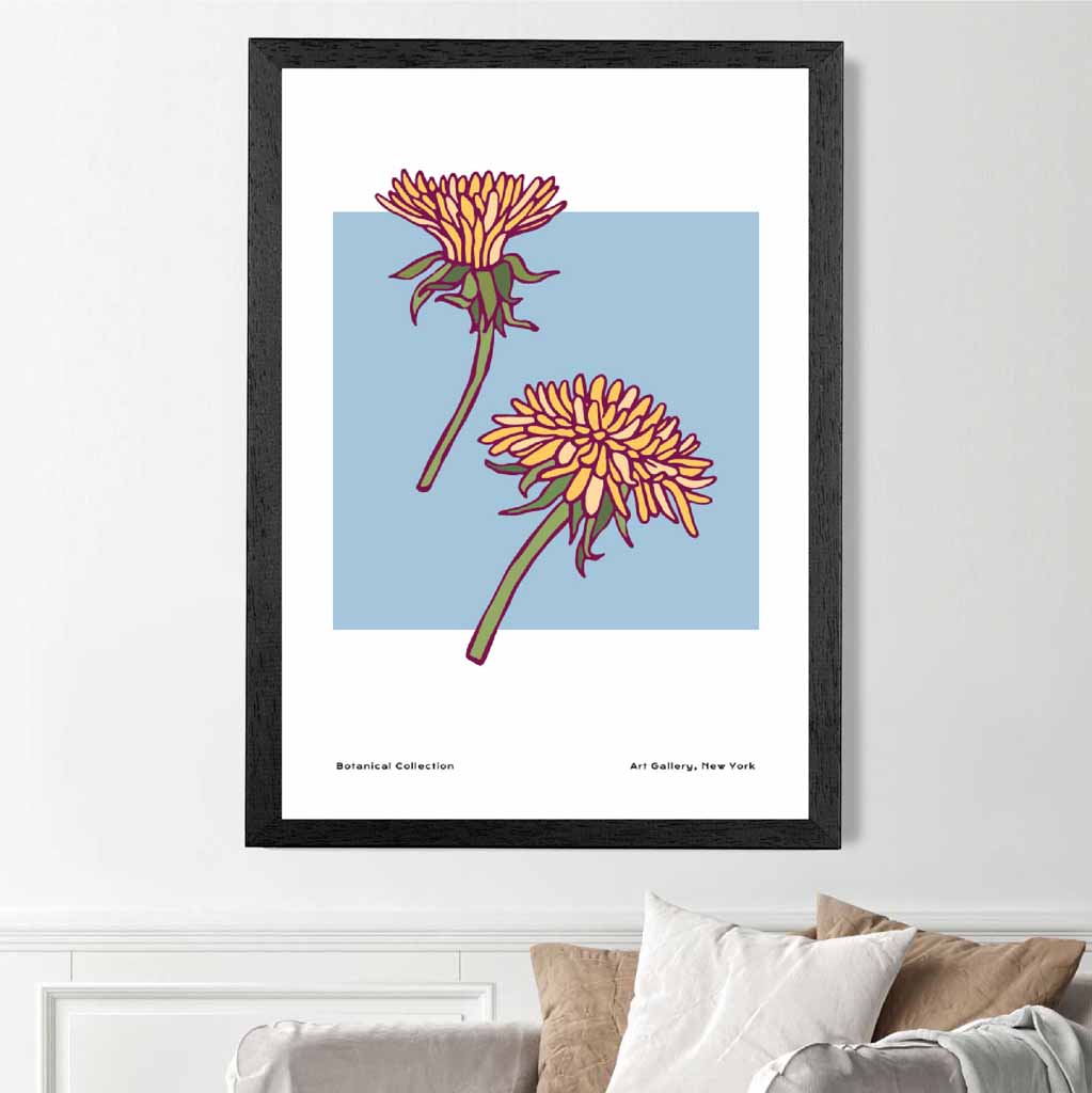Modern Floral Blue, Yellow Dandelion Art Print | Wall Art Plaza UK