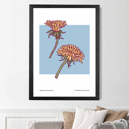 Modern Floral Blue, Yellow Dandelion Art Print | Wall Art Plaza UK