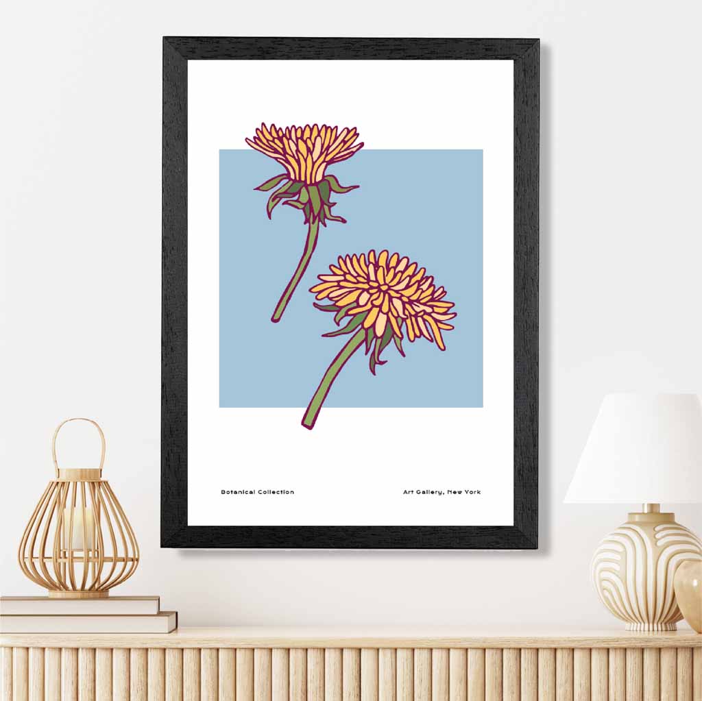 Modern Floral Blue, Yellow Dandelion Art Print | Wall Art Plaza UK