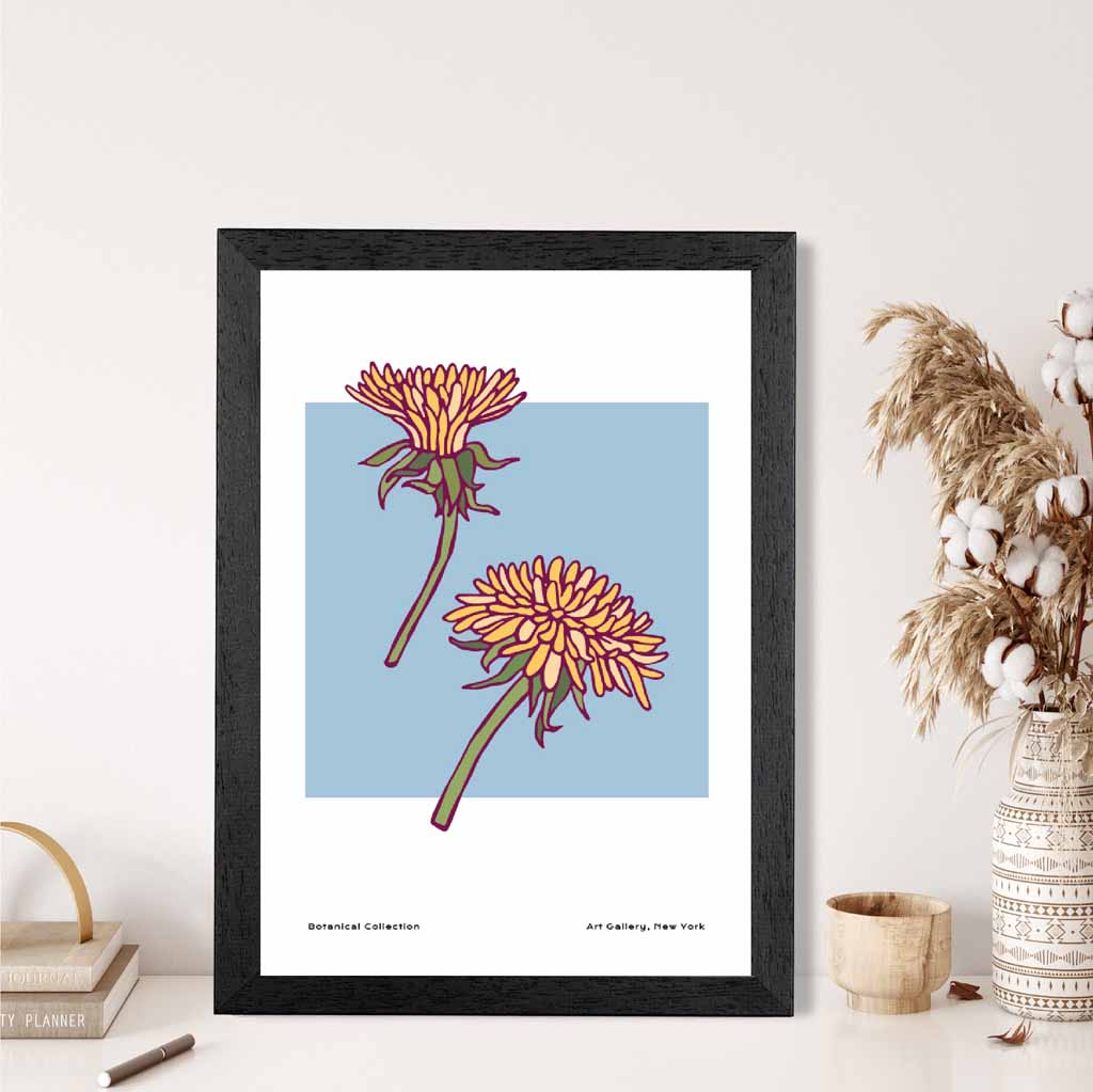 Modern Floral Blue, Yellow Dandelion Art Print | Wall Art Plaza UK