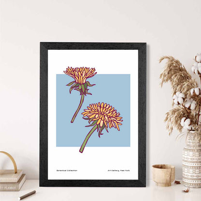 Modern Floral Blue, Yellow Dandelion Art Print | Wall Art Plaza UK