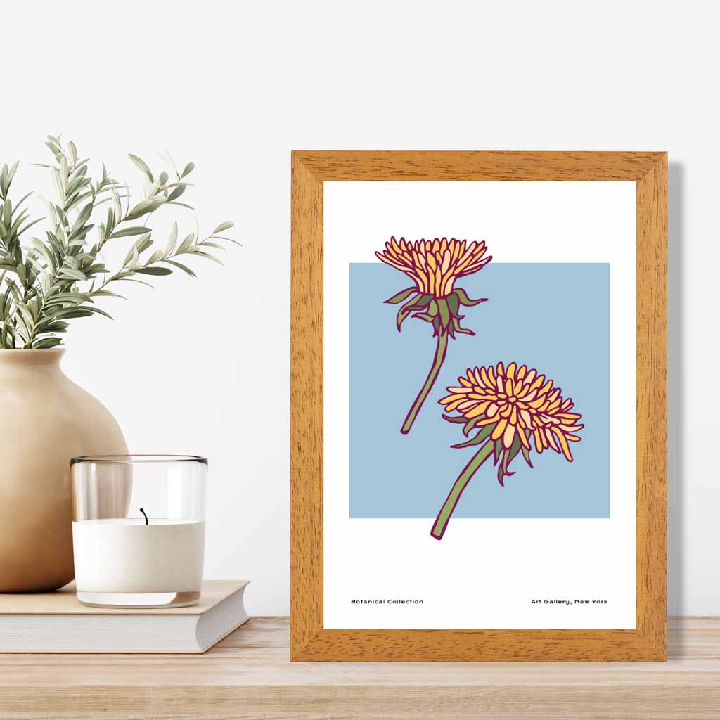 Modern Floral Blue, Yellow Dandelion Art Print | Wall Art Plaza UK