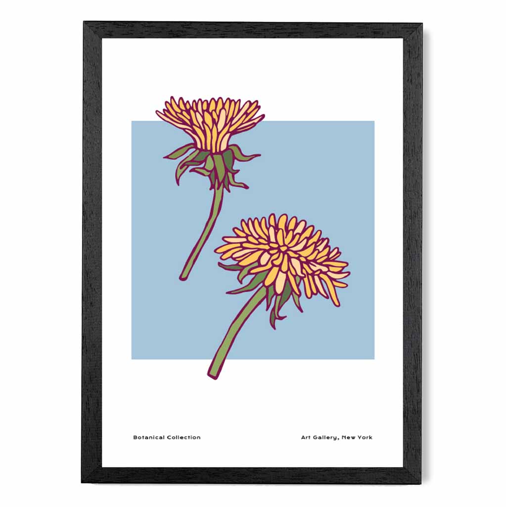 Modern Floral Blue, Yellow Dandelion Art Print | Wall Art Plaza UK