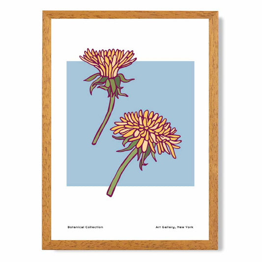 Modern Floral Blue, Yellow Dandelion Art Print | Wall Art Plaza UK