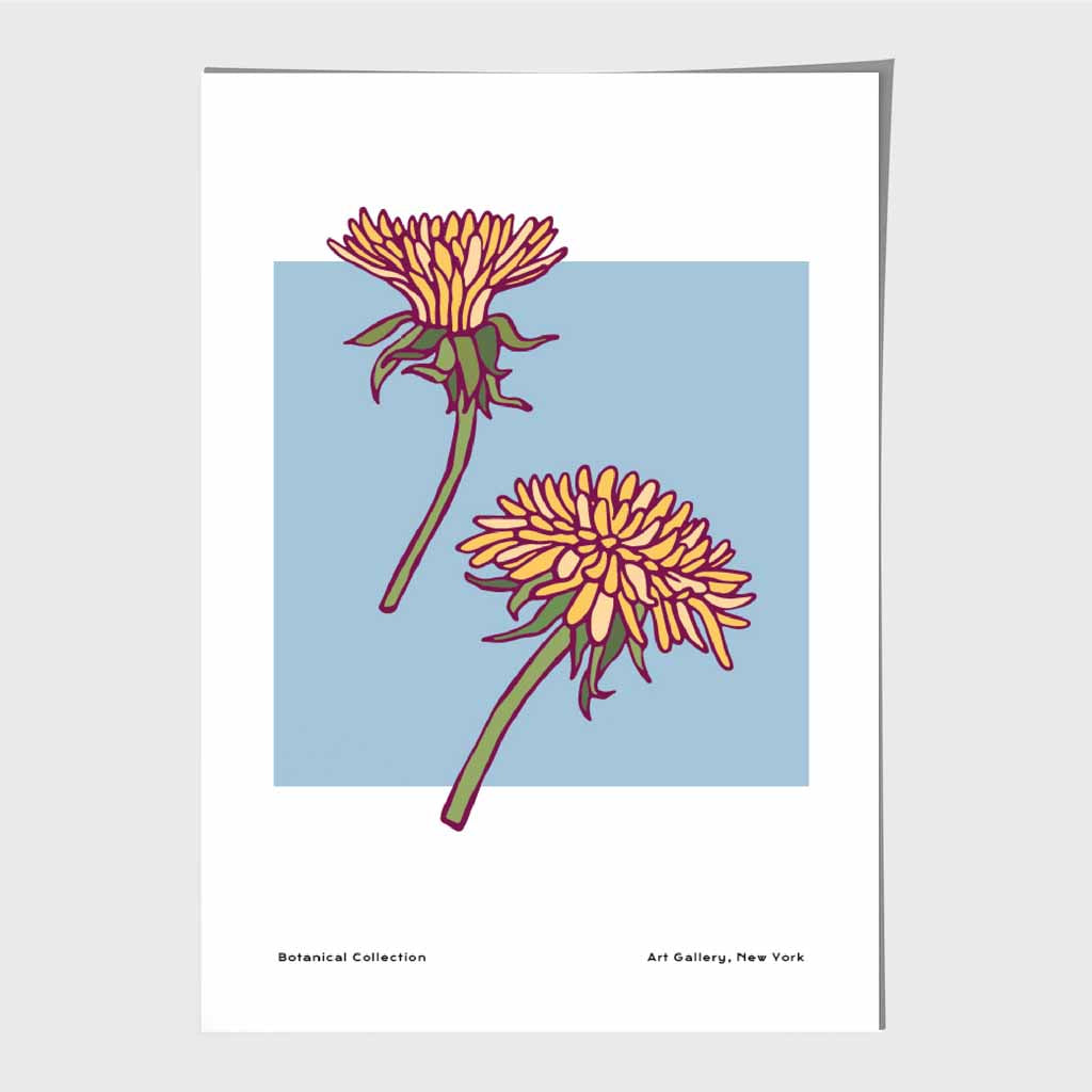 Modern Floral Blue, Yellow Dandelion Art Print | Wall Art Plaza UK