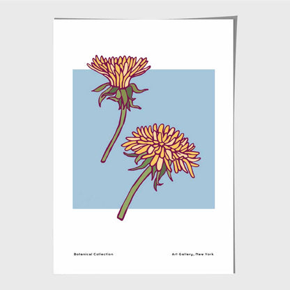 Modern Floral Blue, Yellow Dandelion Art Print | Wall Art Plaza UK