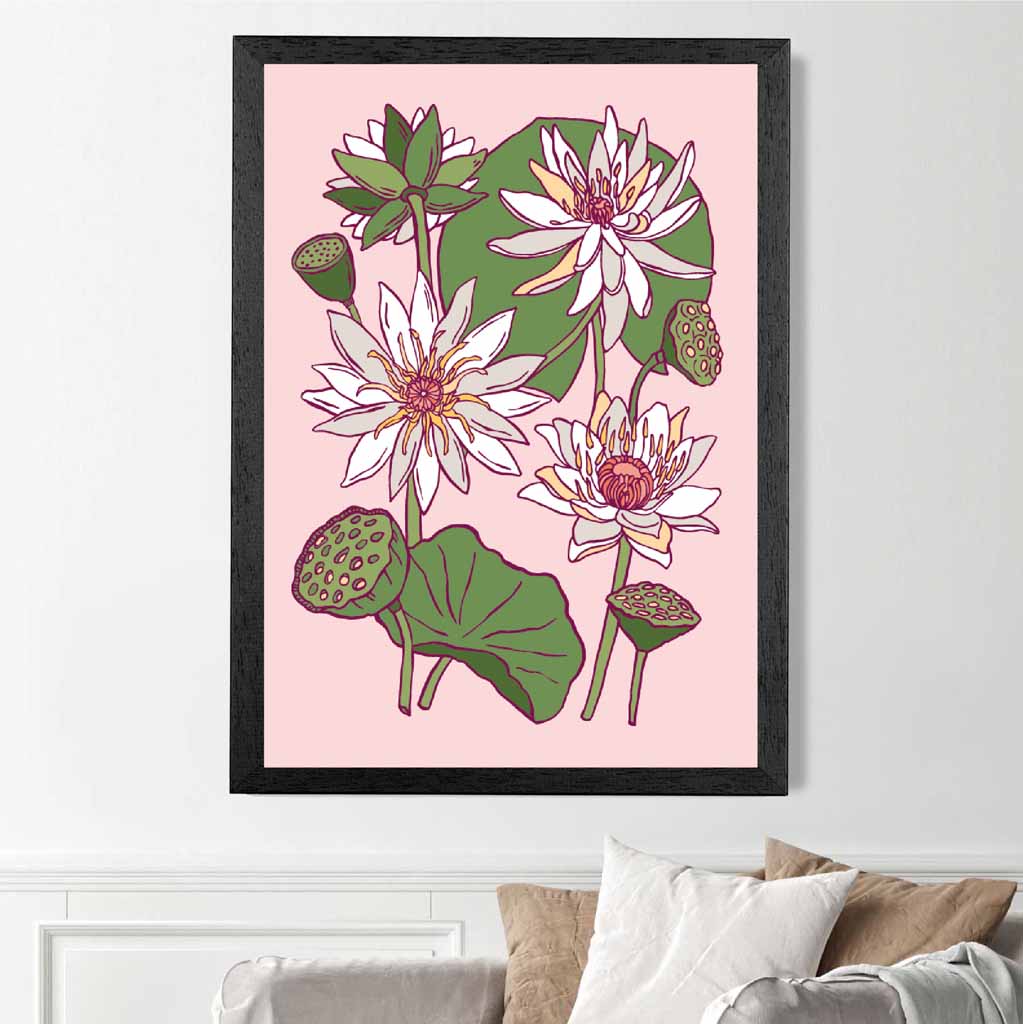 Vintage Floral Beige, Green Water Lillies Art Poster | Wall Art Plaza UK