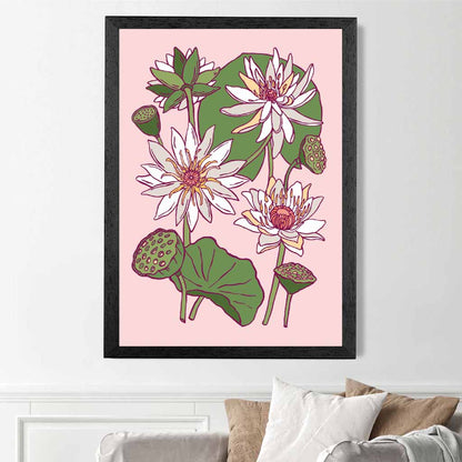 Vintage Floral Beige, Green Water Lillies Art Poster | Wall Art Plaza UK