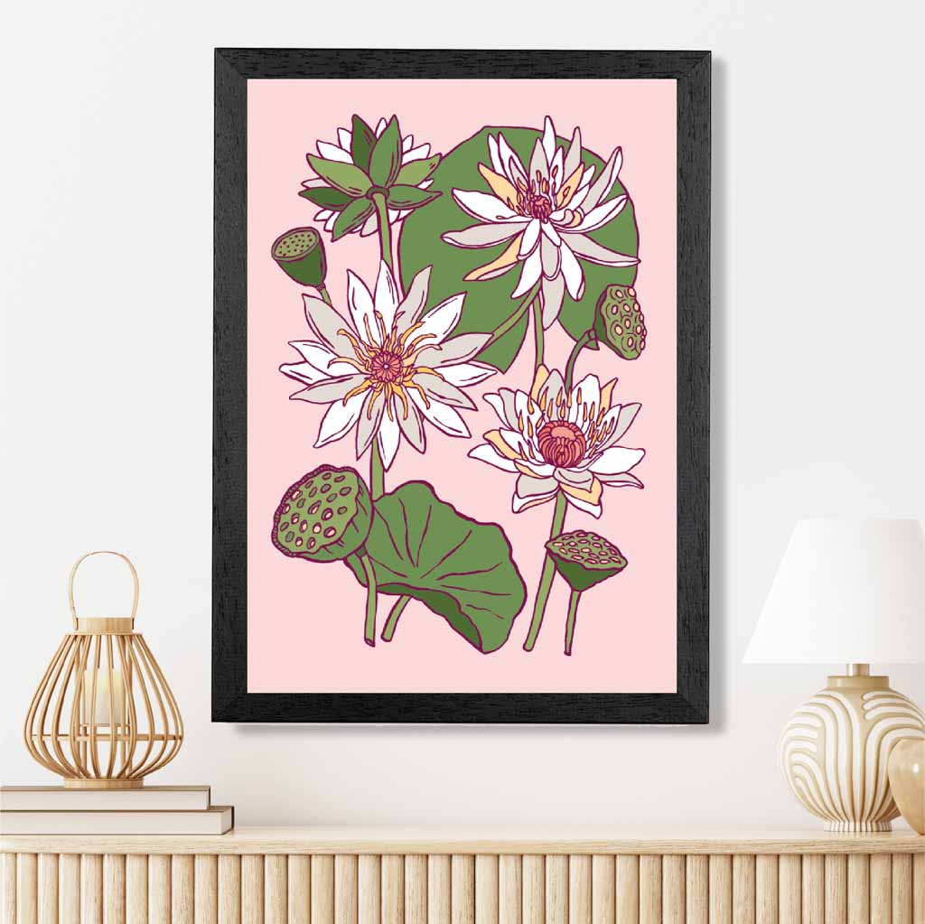 Vintage Floral Beige, Green Water Lillies Art Poster | Wall Art Plaza UK