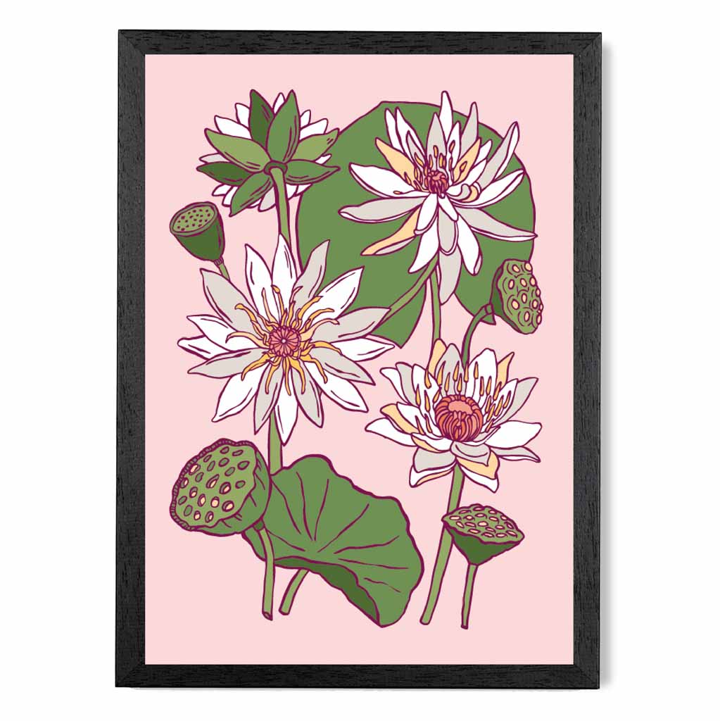 Vintage Floral Beige, Green Water Lillies Art Poster | Wall Art Plaza UK