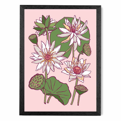 Vintage Floral Beige, Green Water Lillies Art Poster | Wall Art Plaza UK