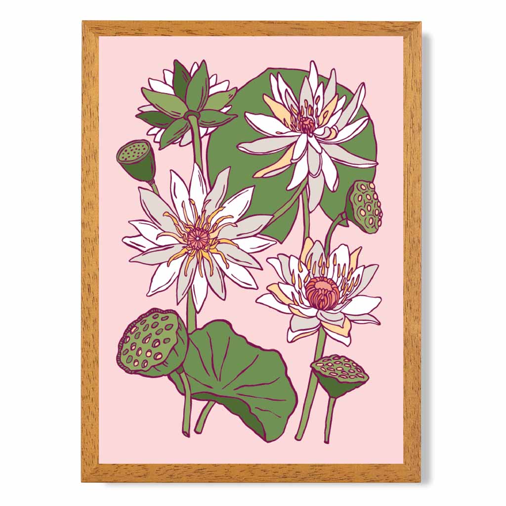 Vintage Floral Beige, Green Water Lillies Art Poster | Wall Art Plaza UK