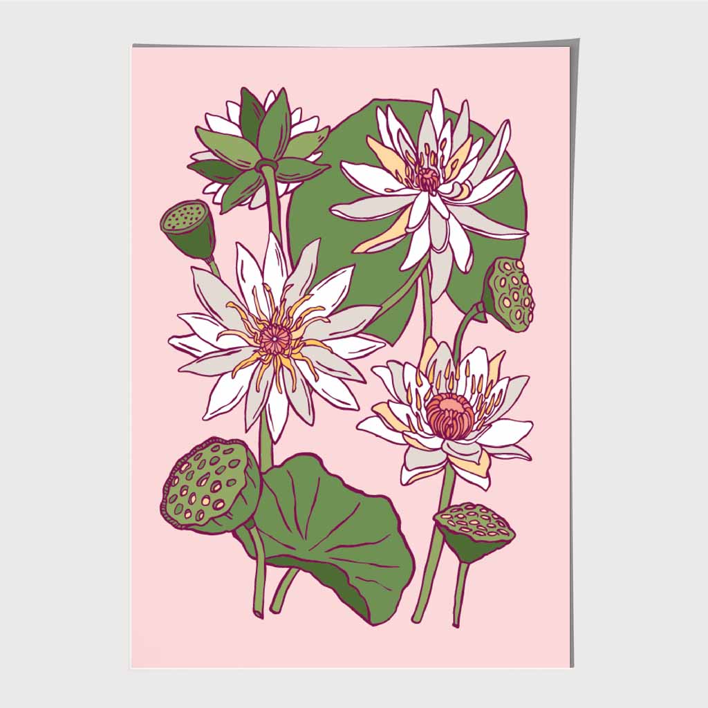 Vintage Floral Beige, Green Water Lillies Art Poster | Wall Art Plaza UK