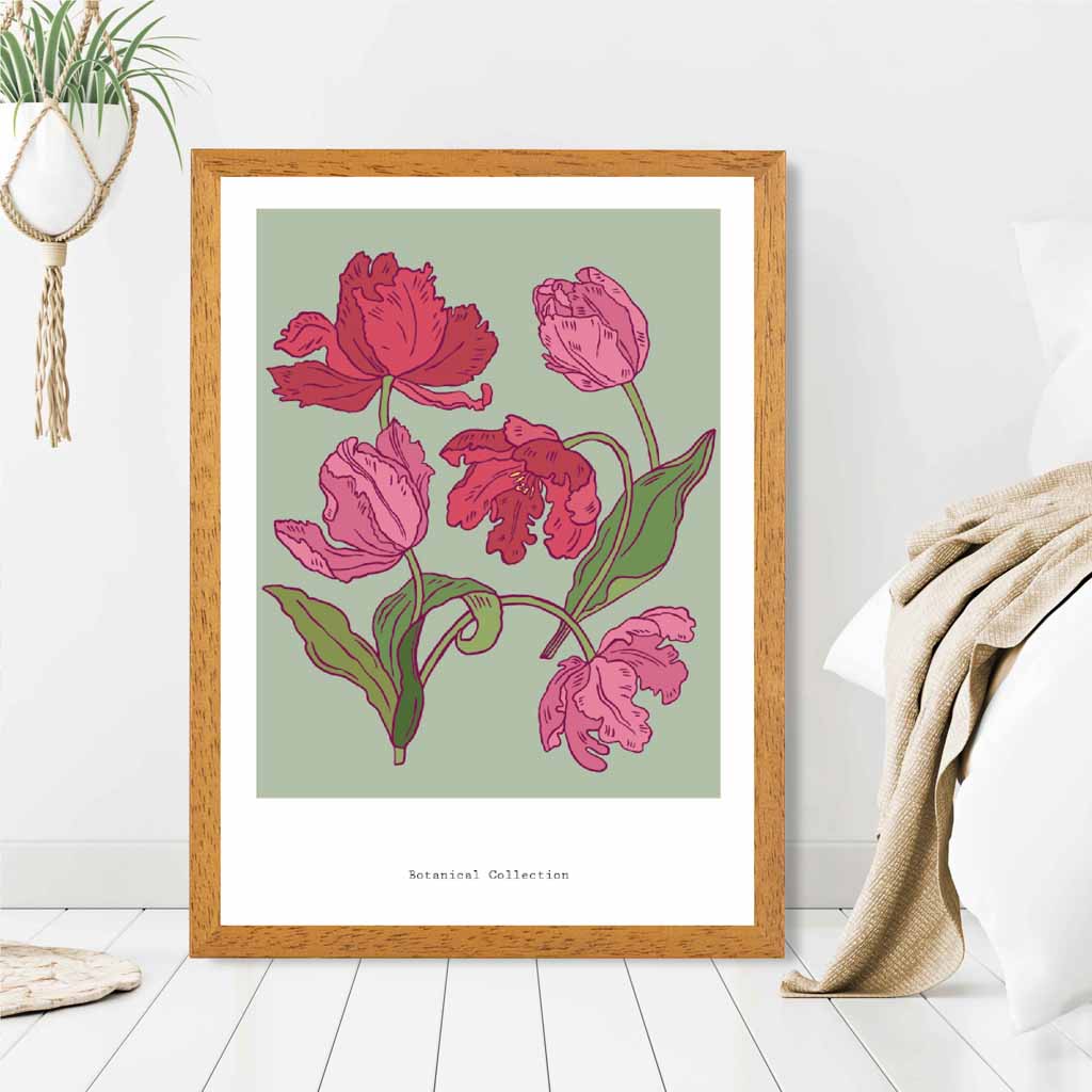 Vintage Floral Green, Pink Tulips Art Print | Wall Art Plaza UK