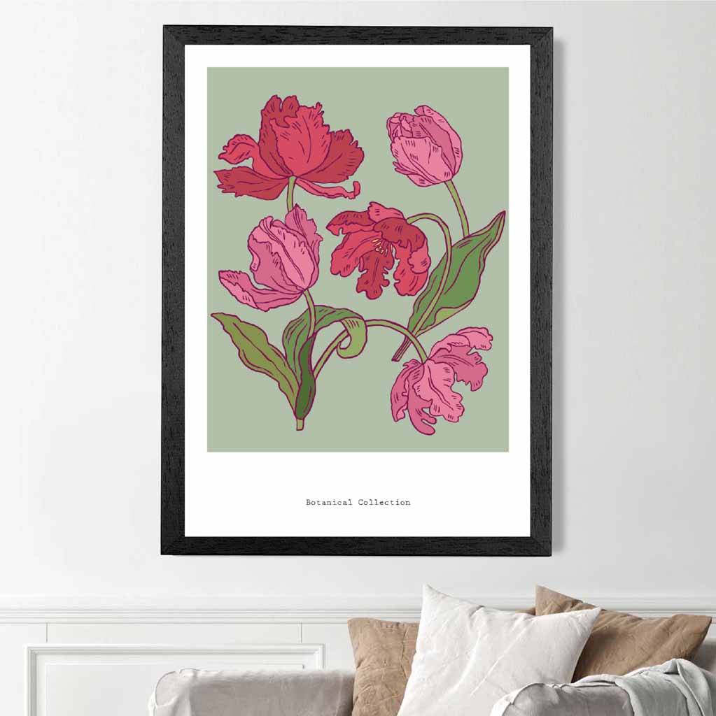 Vintage Floral Green, Pink Tulips Art Print | Wall Art Plaza UK