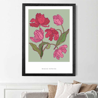 Vintage Floral Green, Pink Tulips Art Print | Wall Art Plaza UK