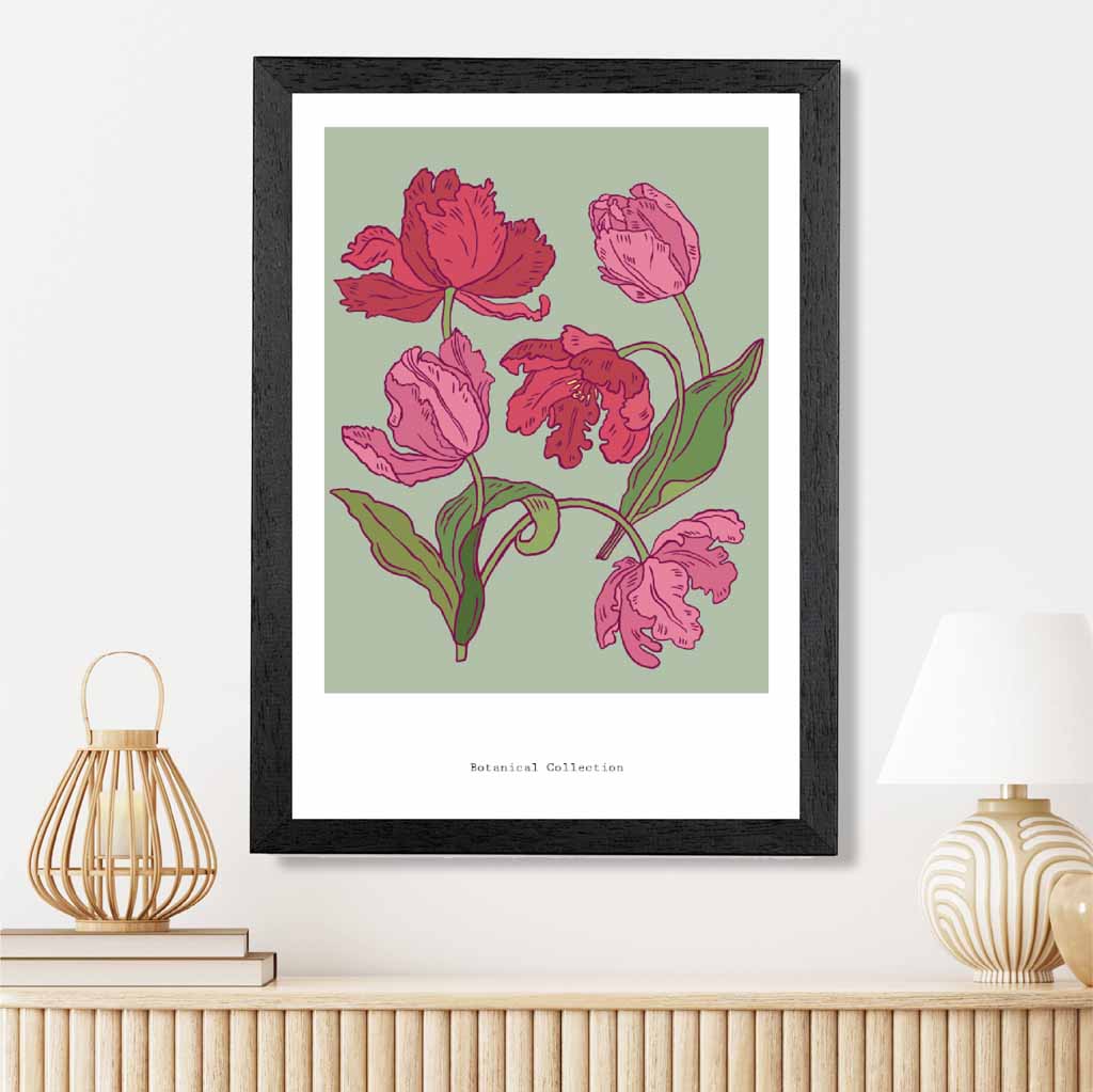 Vintage Floral Green, Pink Tulips Art Print | Wall Art Plaza UK