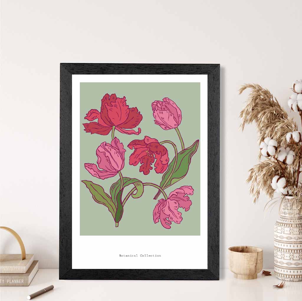 Vintage Floral Green, Pink Tulips Art Print | Wall Art Plaza UK