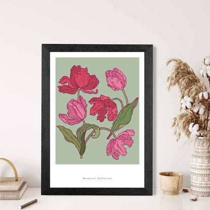 Vintage Floral Green, Pink Tulips Art Print | Wall Art Plaza UK