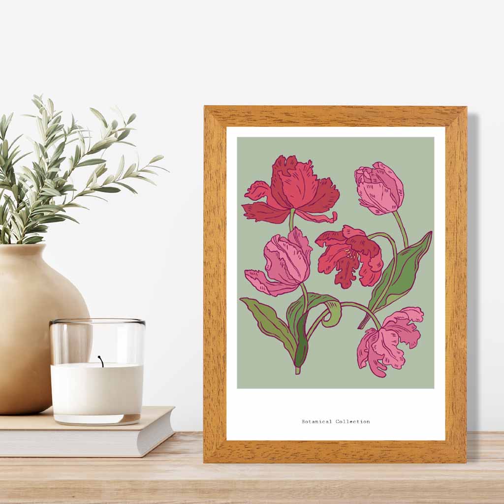 Vintage Floral Green, Pink Tulips Art Print | Wall Art Plaza UK