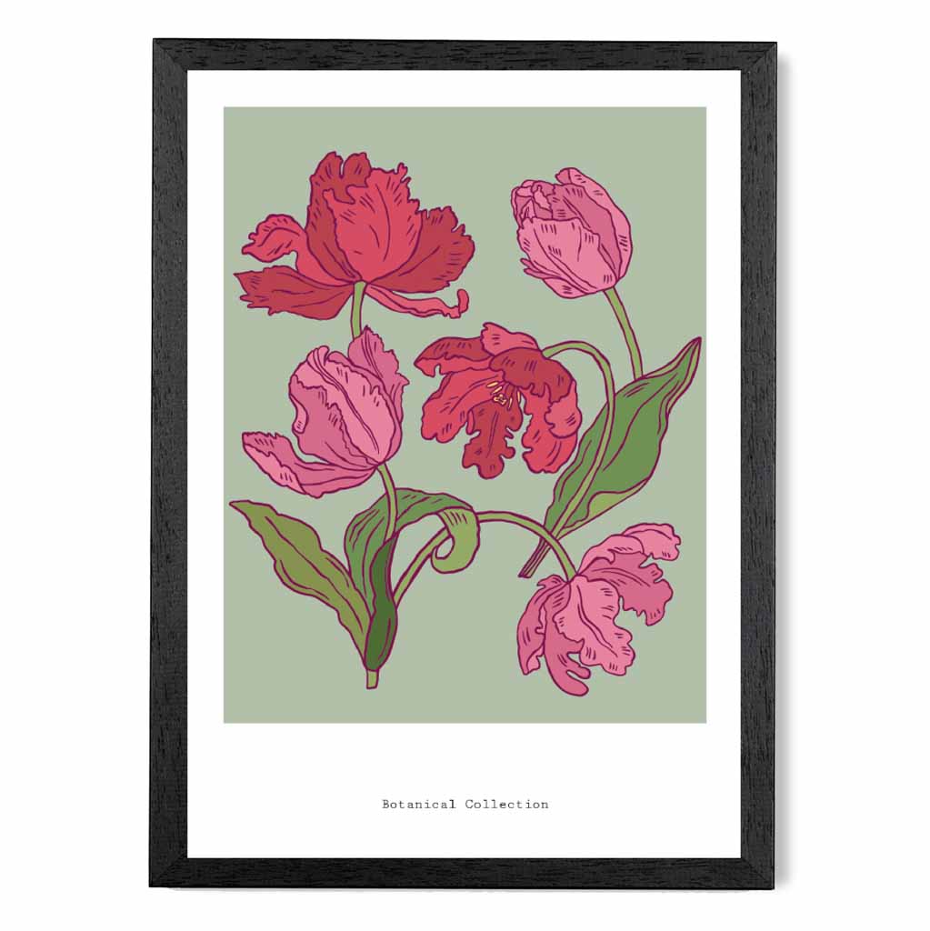 Vintage Floral Green, Pink Tulips Art Print | Wall Art Plaza UK