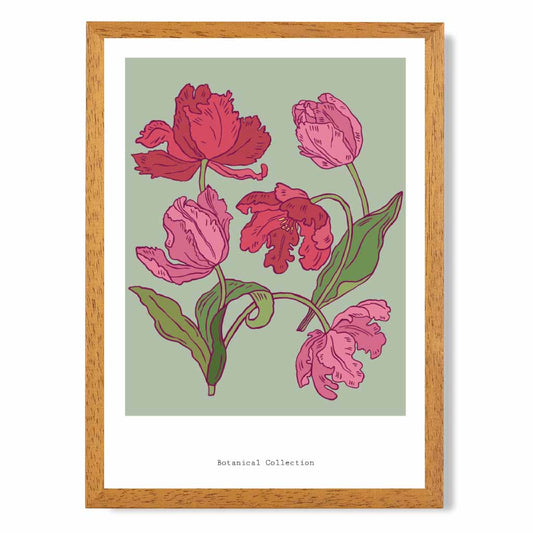 Vintage Floral Green, Pink Tulips Art Print | Wall Art Plaza UK