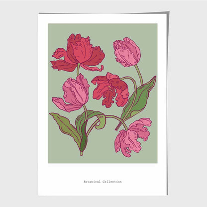Vintage Floral Green, Pink Tulips Art Print | Wall Art Plaza UK
