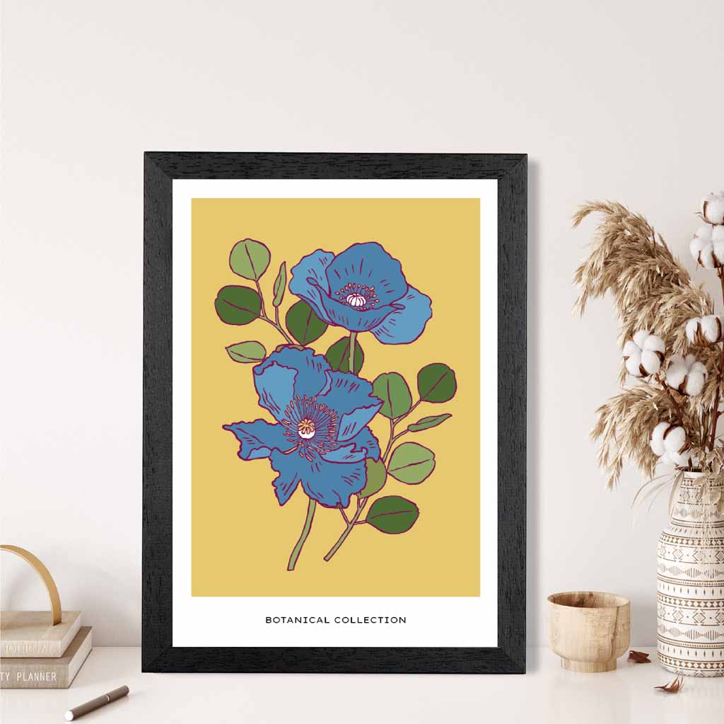 Vintage Floral Yellow, Blue Bell Poppy Art Print | Wall Art Plaza UK