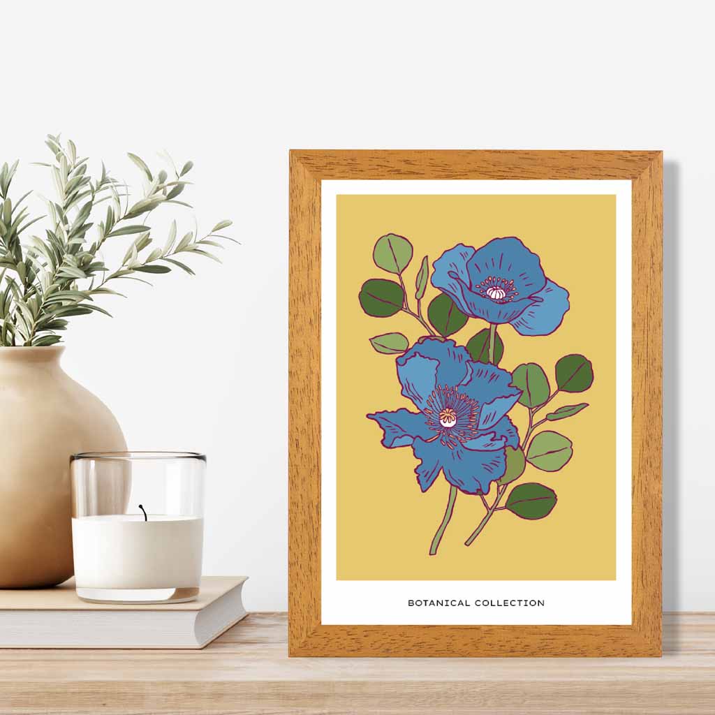 Vintage Floral Yellow, Blue Bell Poppy Art Print | Wall Art Plaza UK