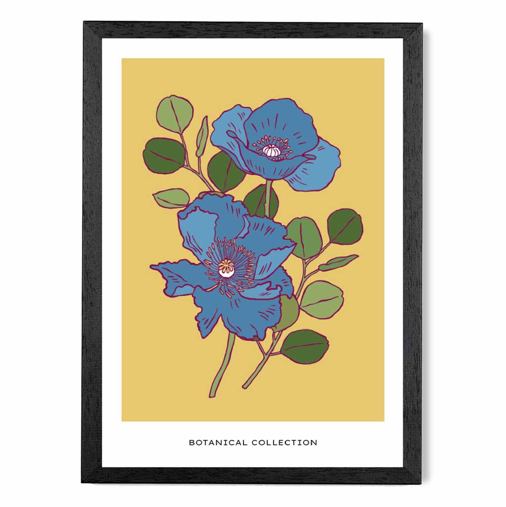 Vintage Floral Yellow, Blue Bell Poppy Art Print | Wall Art Plaza UK