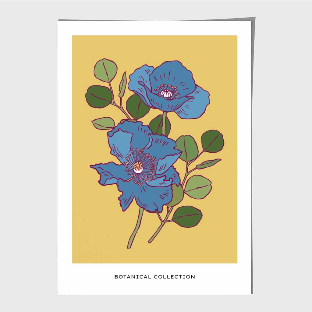 Vintage Floral Yellow, Blue Bell Poppy Art Print | Wall Art Plaza UK